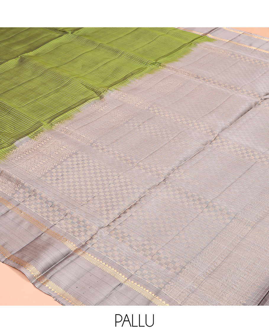 Green Checked Mayuri Lite Silk Mix Saree, a Contrast Rettai Pettu Border of Rekku, and Bentex Designs, Intricate Pallu, and a Contrast Blouse