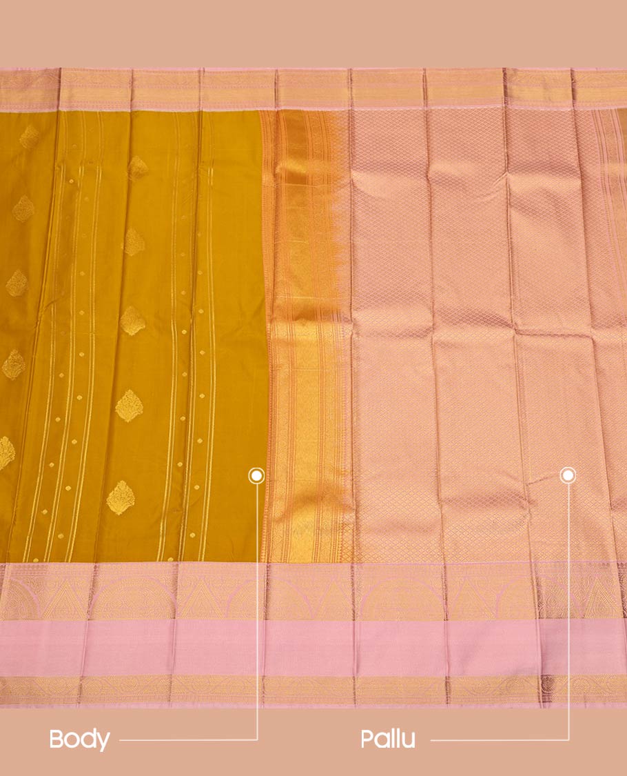 Yellow Budget Silk Saree, Gleamed Up with Zari Buttas All Over Its Body, Complemented by a Contrast Traditional Zari Design Rettai Pettu Border, Sparsely Woven Pallu of Jaal Designs, and Paired with a Contrast Blouse