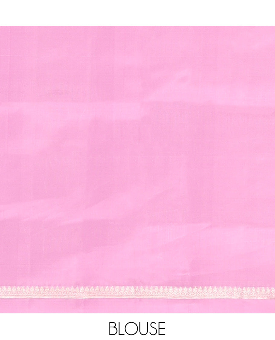 Pink Mayuri Soft Silk Saree, Embellished with Buttas All Over Its Body, Subtly Sparkled Kal Erangina Border of Thilakam Mokku Designs, Intricately Woven Pallu of Chevron Designs, and Paired with a Matching Blouse