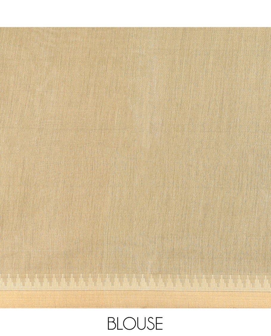 Green Tussar Silk Saree, Sparsely Woven with Buttas, a Subtle Temple Border, a Self-Pallu, and a Matching Blouse