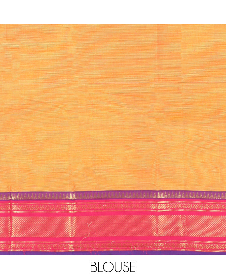 Orange Plain Chettinad Cotton Saree, Complemented by a Contrast Traditional Zari Design Woven Border, Pallu of Stripes, and Paired with a Matching Blouse