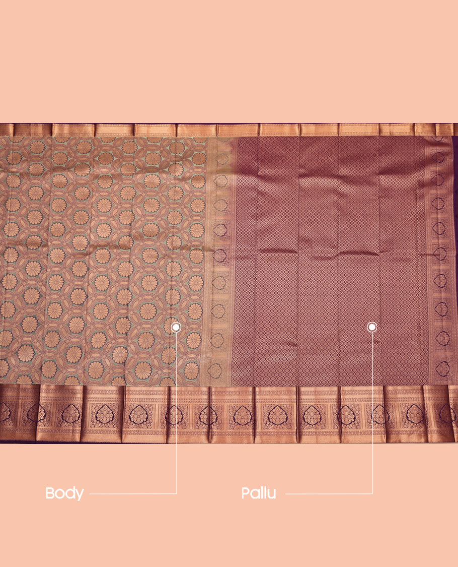 Grey Budget Silk Saree, Woven with Jacquard, Complemented by Contrast Traditional Zari Border, Jaal Pallu, and a Contrast Blouse