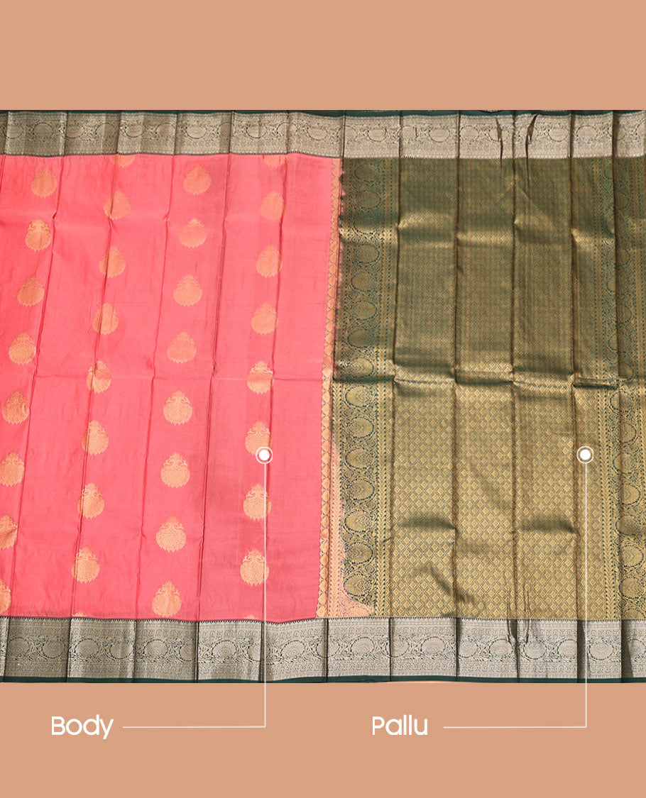 Pink Budget Silk Saree, Meticulously Crafted with Peacock Buttas, Complemented by a Contrast Traditional Zari Border of Floral Creeper Designs, Grand Pallu of Jaal Designs, and Paired with a Contrast Blouse