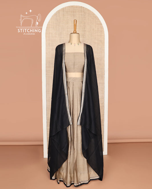 Light brown cotton saree with contrast temple border, zari design blouse, zari design border dhavani