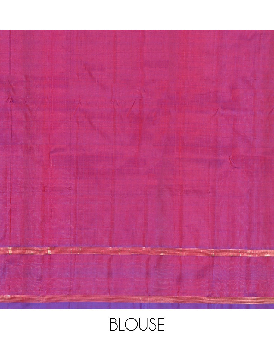 Red Kanchipuram Silk Saree, Embellished with Zari Buttas and Stripes, Contrast Zari Design Border, Zari Design Pallu, and a Contrast Blouse