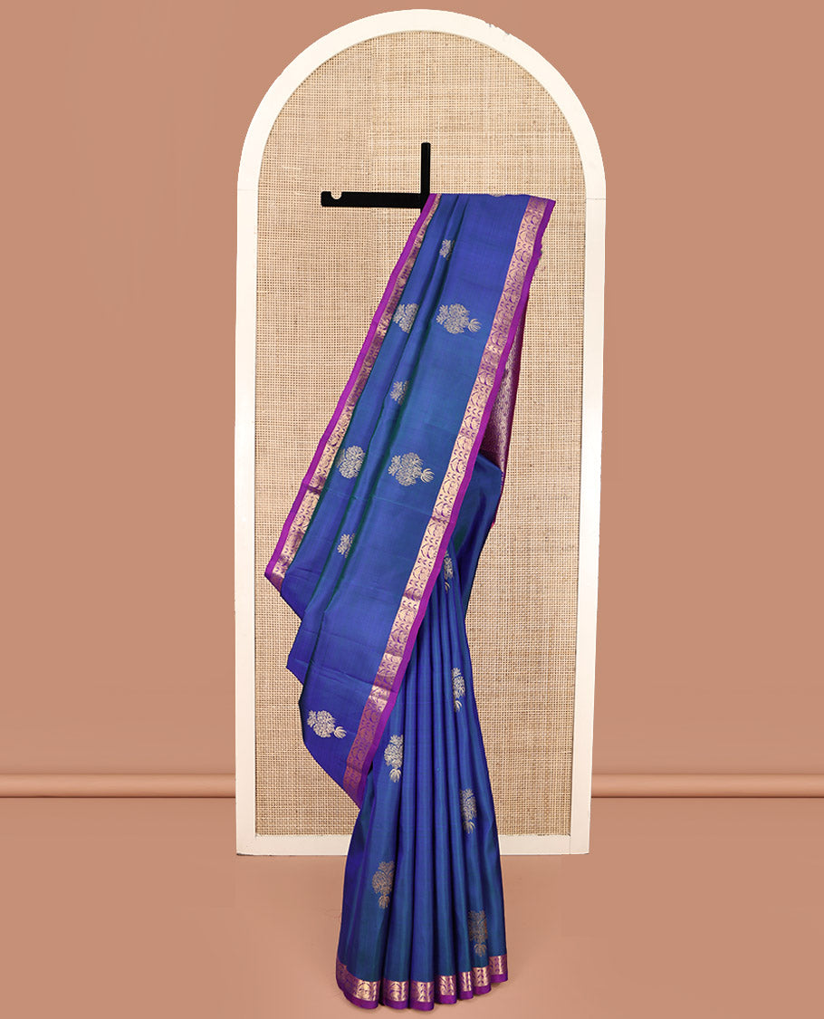 Blue Kanchipuram Silk Saree, Uniquely Designed with Zari Buttas on Its Body, Complemented by Contrast Border of Rekku, Thazampoo Rekku, and Annam Designs, Intricately Designed Pallu, and Paired with a Contrast Blouse