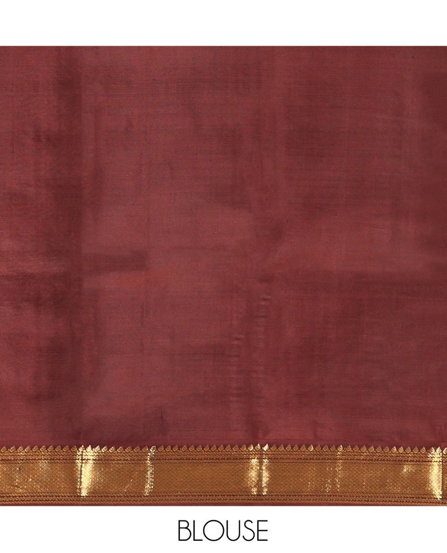 Yellow Vasundhara Silk Saree, Woven with Zari Buttas All Over Its Body, Complemented by a Contrast Korvai Border of Thilakam, Banaras, Neli, and Mayil Kann Designs, Grand Pallu, and Paired with a Contrast Blouse