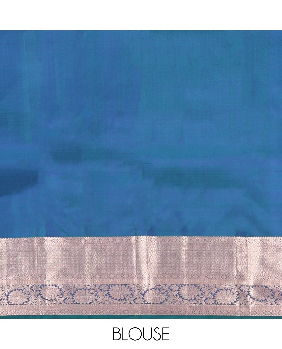 Blue Kanchipuram Wedding Silk Saree, Gleamed Up with Jacquard Designs on Its Body, Highlighted by a Zari Border of Rekku, Laddu Kamalam, Mayil Kann, and Kodi Visiry Designs, Grand Jaal Pallu, and Paired with a Matching Blouse