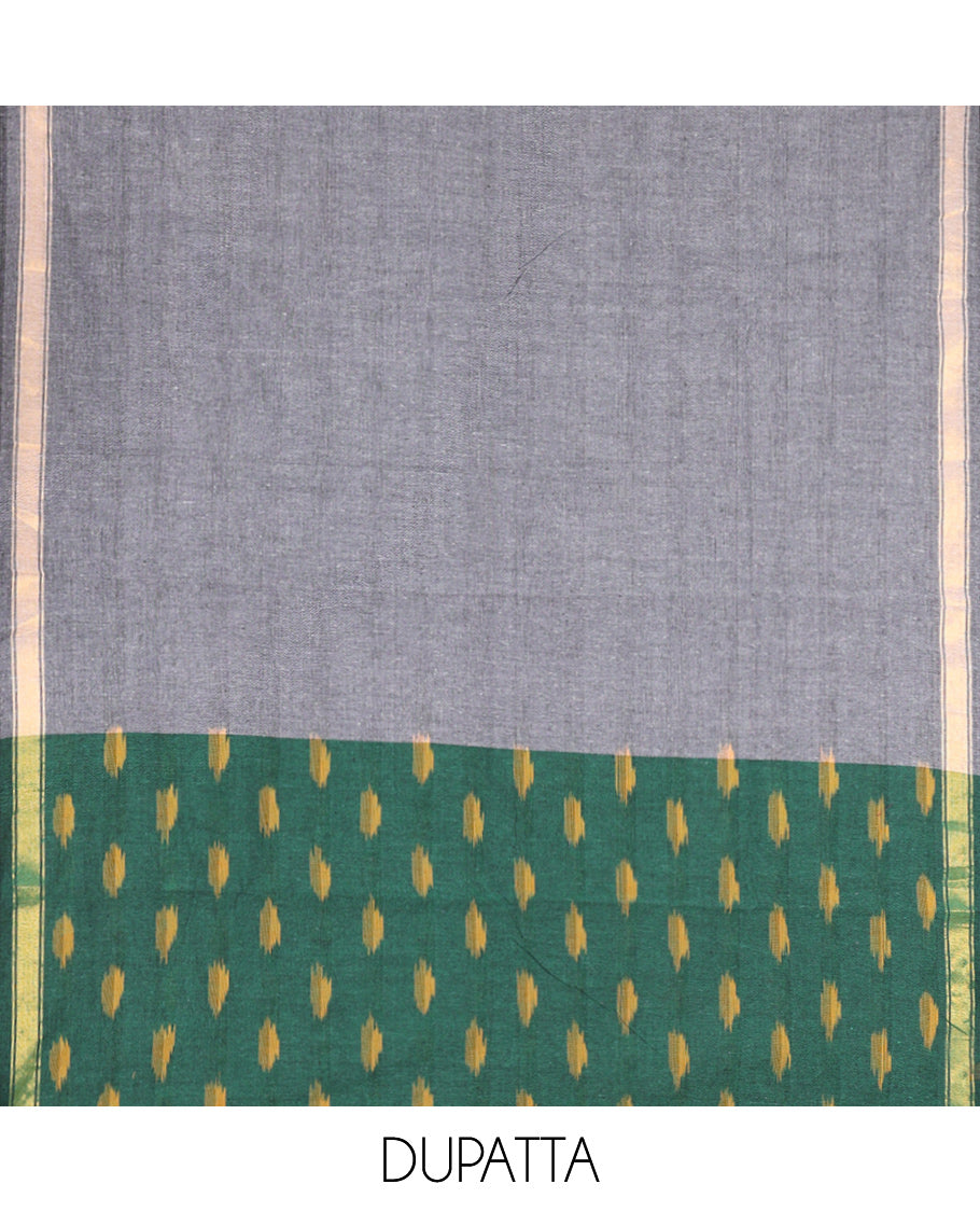 Green-Grey Pure Cotton Saree Material Chudidar Ikat Buttas Top, a Contrast Bottom, and Ikat Buttas Dupatta