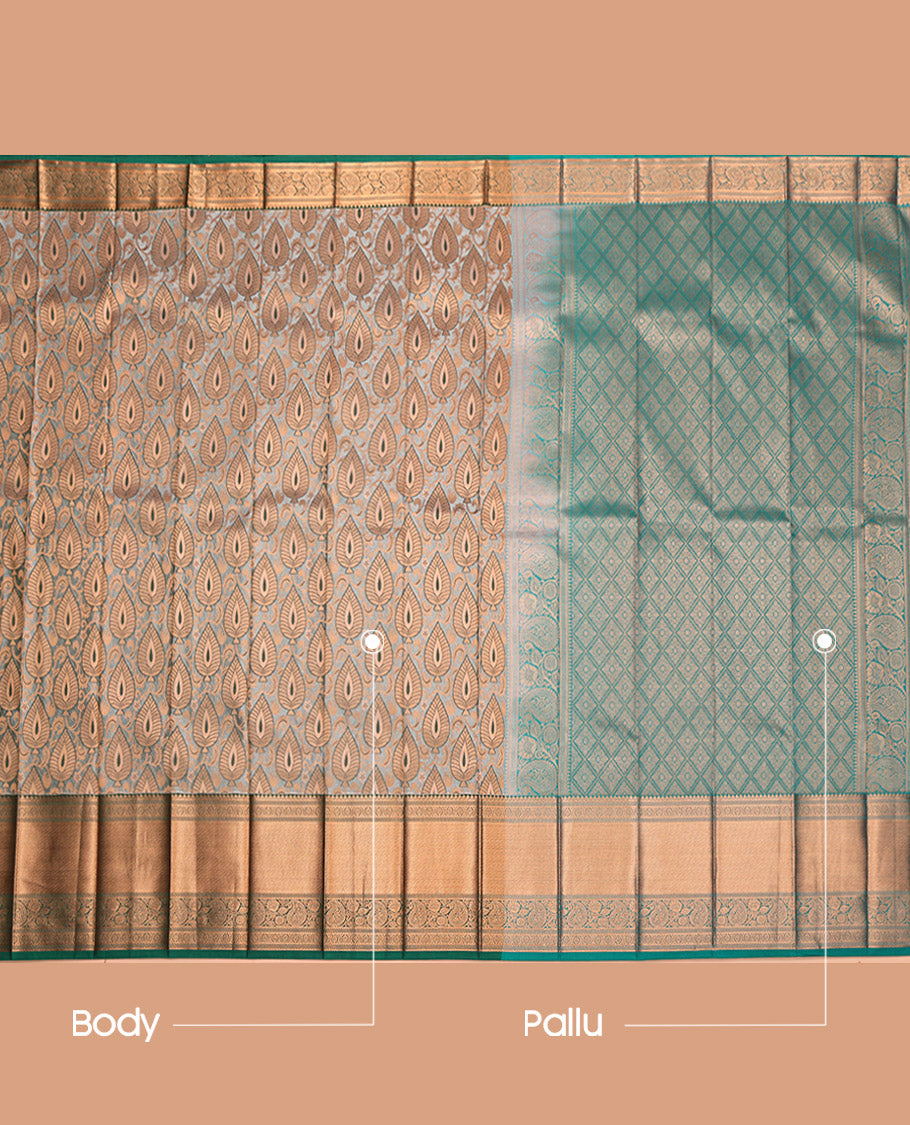 Grey Budget Silk Saree, Elegantly Framed with Jacquard, a Contrast Traditional Zari Border, Jaal Pallu, and a Contrast Blouse