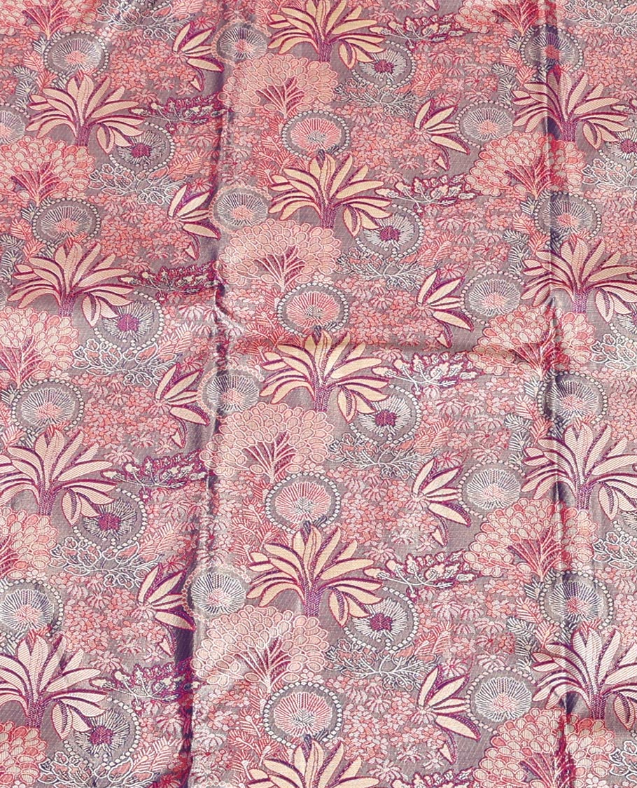 Violet Art Silk Half-Saree, Woven with Tropical Floral Jacquard Design, Contrast Traditional Zari Border, Paired with a Contrast Jacquard Blouse, and an Intricate Dhavani