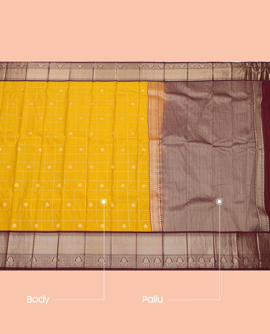 Yellow Budget Silk Saree, Subtly Sparkled with Zari Butta Enclosed Checks, Complemented by a Contrast Traditional Zari Design Border, Grand Pallu, and a Contrast Blouse