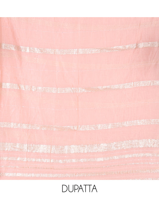 Peach Mul Chanderi Material Chudiddar, Embroidered Top, Plain Bottom, Zari Striped Dupatta