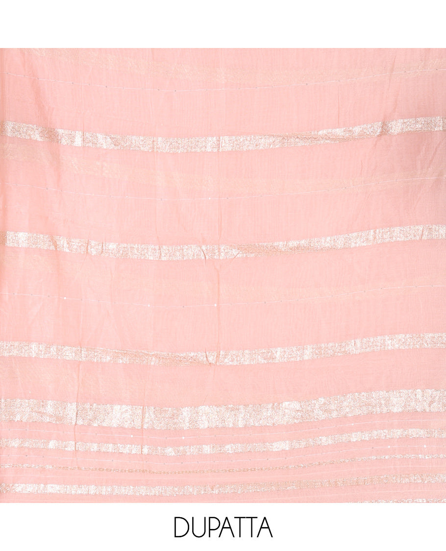 Peach Mul Chanderi Material Chudiddar, Embroidered Top, Plain Bottom, Zari Striped Dupatta