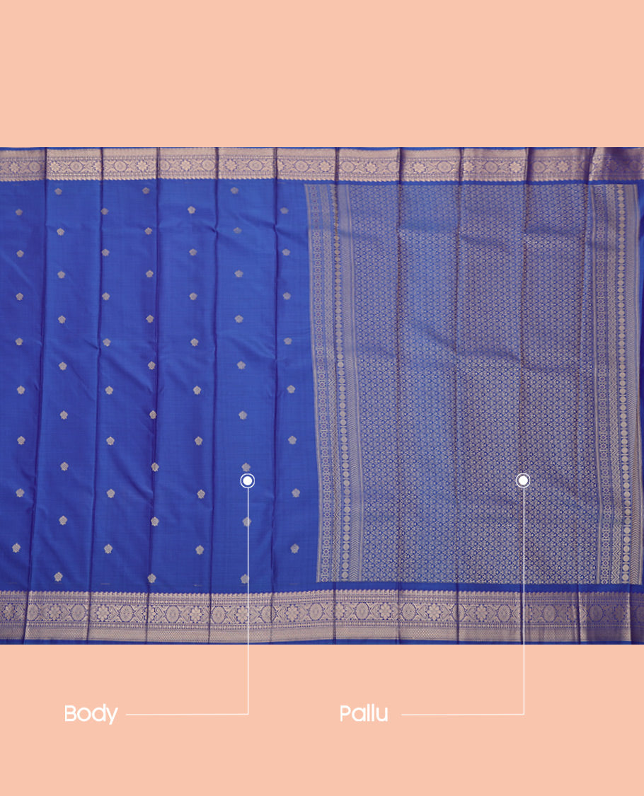 Ink Blue Budget Silk Saree, Spotlighted with Zari Buttas, Highlighted by a Traditional Zari Border, Intricate Pallu, and Matching Blouse