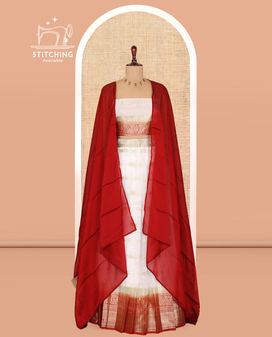 Cream-Rust Organza Half-Saree Features Zari Buttas Skirt, Contrast Traditional Border, Matching Blouse, Contrast Dhavani