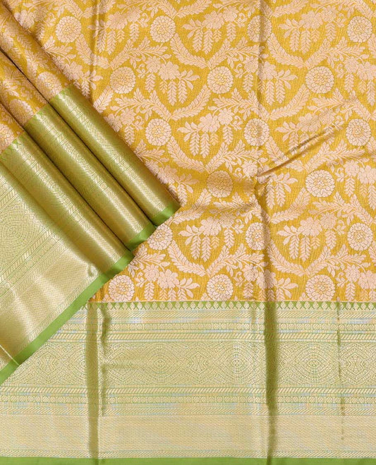 Mustard floral jaal art silk pavadai material with contrast traditional zari design border & zari design blouse