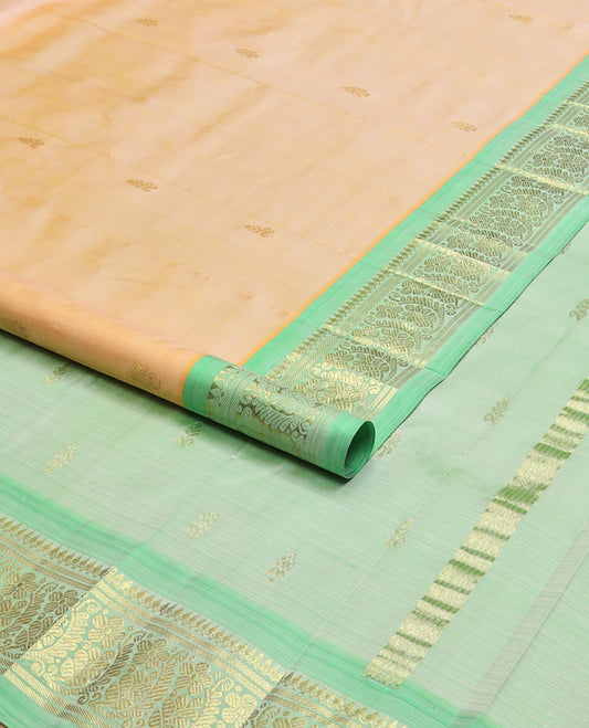 Orange zari buttas Kanchipuram silk saree, contrast one-sided border of thilakam mokku,banaras & floral designs & zari design pallu