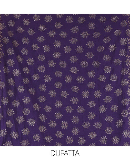 Violet Semi-Silk Material Churidar Set, Floral Embroidered Top, a Matching Bottom, and a Scallop Foil Printed Dupatta