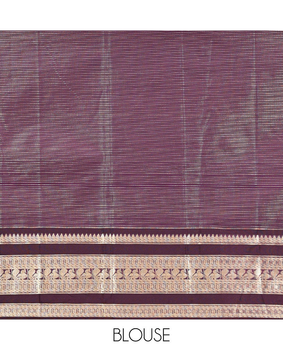 Reddish Orange and Coffee Brown Budget Silk Saree, Subtly Sparkled With Vaira Oosai Stripes and Zari Buttas ,  Complemented by Contrast Varisai Pettu Traditional Zari Border of Peacock Designs, Grand Jaal Pallu and Paired with a Contrast Blouse