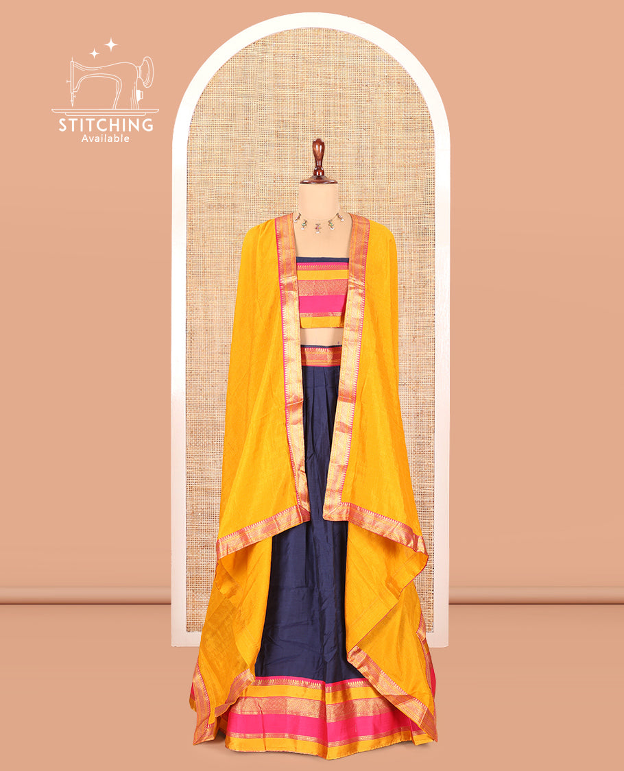 Navy Blue Pink Semi-Silk Half-Saree