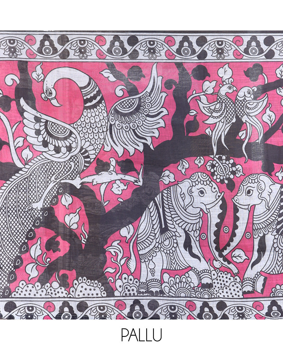 Black Linen Cotton Saree Features Kalamkari Human Figurines, a Piping Border, Kalamkari Pallu, Contrast Blouse