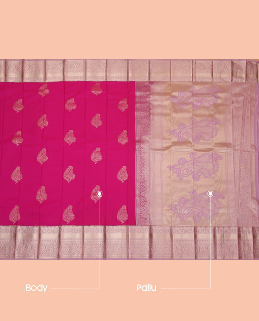 Pink Budget Silk Saree, Graced with Zari Buttas, Complemented by a Contrast Traditional Zari Border, Pallu of Paisleys, and a Contrast Blouse