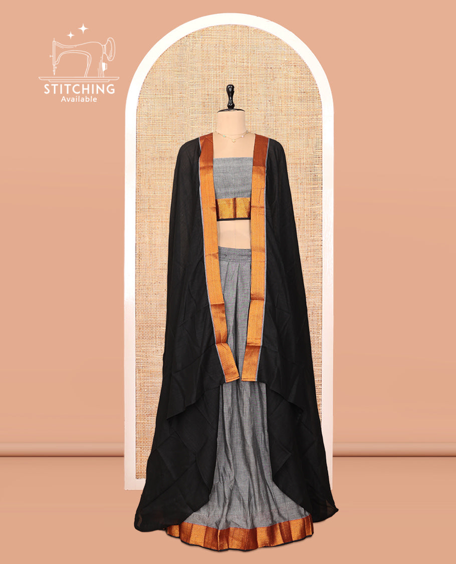 Grey Cotton Half-Saree Features Plain Skirt, a Contrast Zari Border, a Matching Blouse, and a Contrast Dhavani