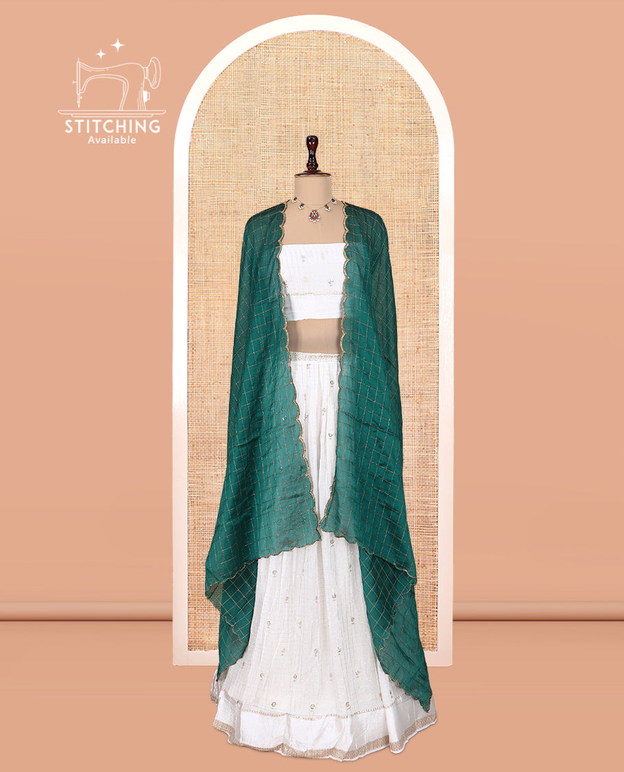 Cream-Green Viscose Georgette Half-saree, Buttas Skirt, Matching Blouse, Contrast Checked Dhavani