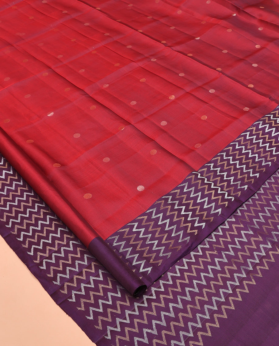 Red Mayuri Soft Silk Saree, Prettified with Buttas All Over the Body, Complemented by a Contrast Vanki Designs Border, Pallu of Vanki Designs, and Paired with a Contrast Blouse