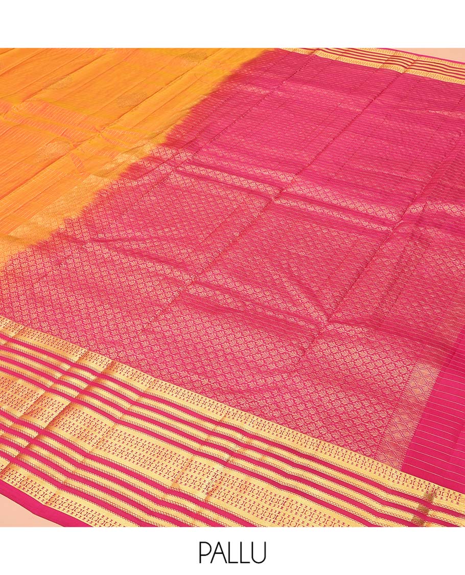 Orange Vasundhara Lite Silk Mix Saree, Elegantly Highlighted with Zari Buttas and Checks on Its Body, Complemented by a Contrast Border of Poun and Banaras Designs, Grand Jaal Pallu, and Paired with a Contrast Blouse