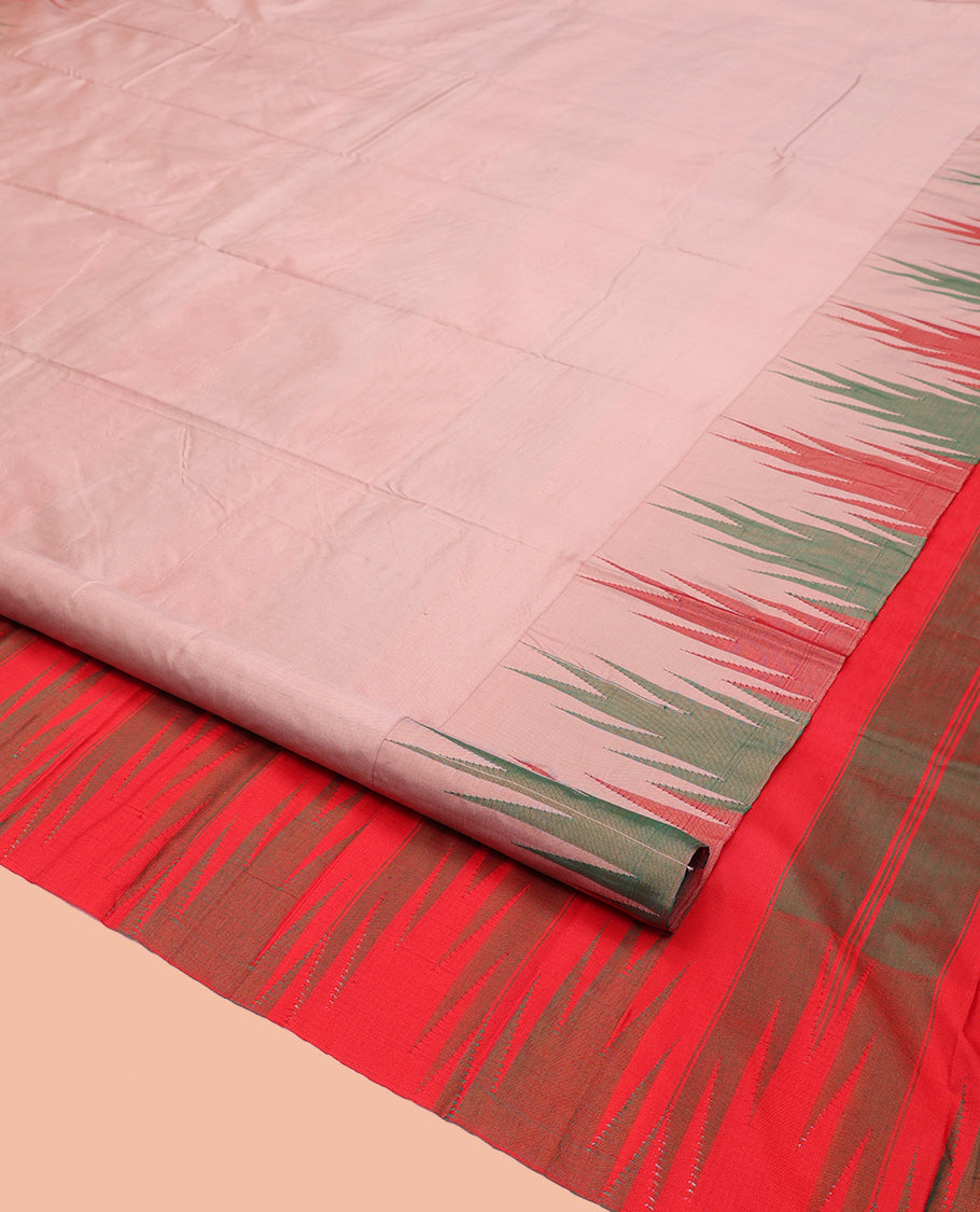 Pale Pink Plain Bangalore Silk Saree, Complemented by a Contrast Temple Border, Striped Pallu, and Contrast Blouse