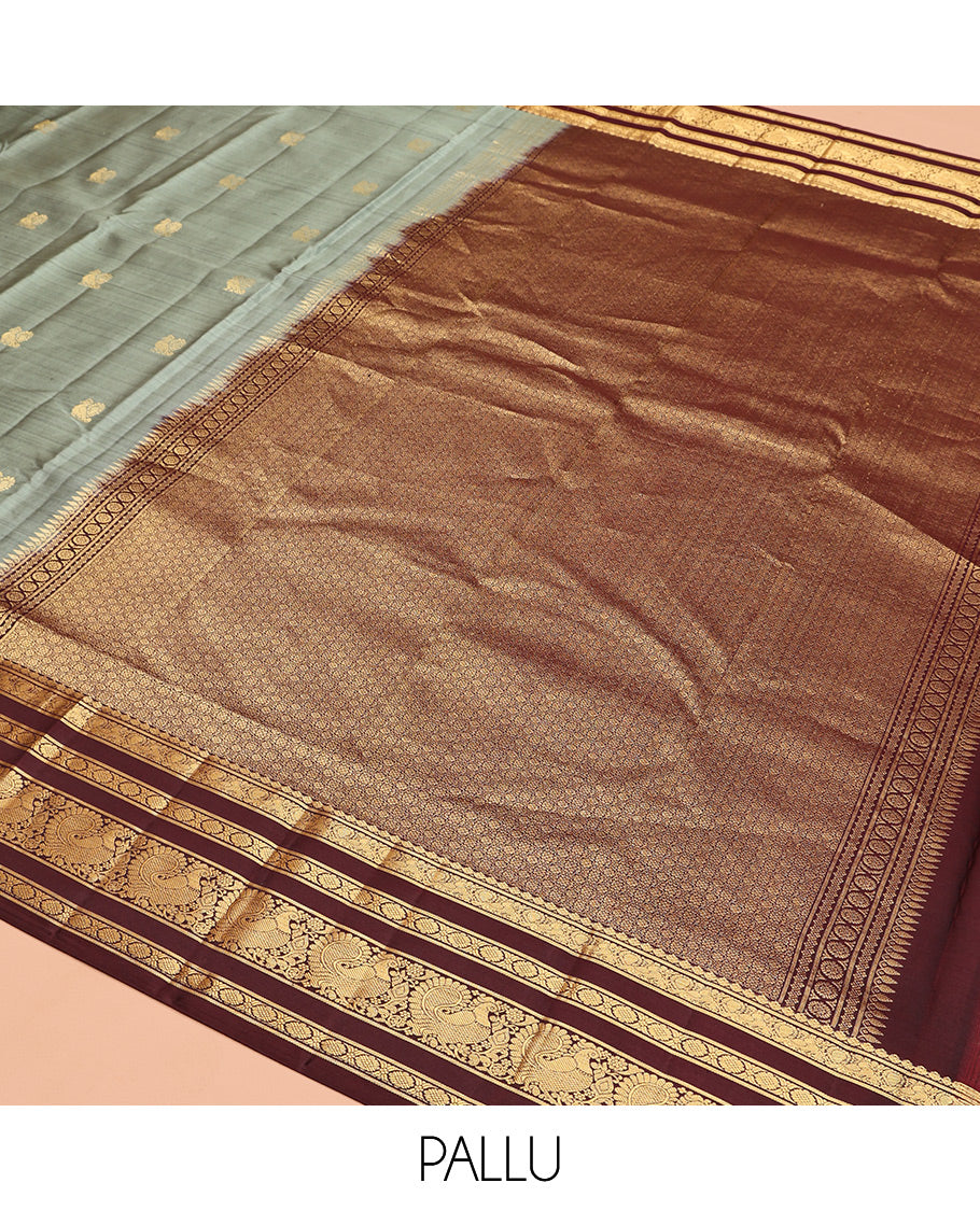 Grey Vasundhara Silk Saree, Woven with Mayil Buttas, Contrast Border of Mayil, and Kamalam Designs, Grand Pallu, and Contrast Blouse