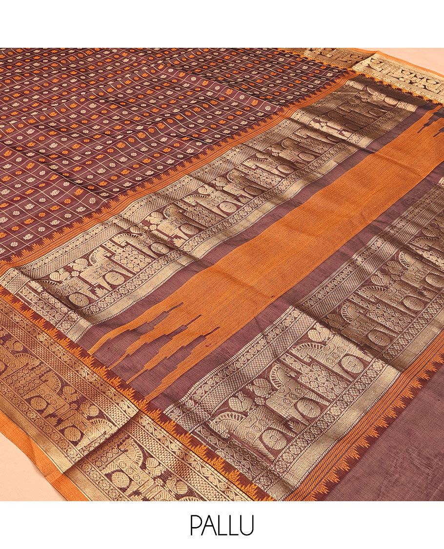 Brown Butta-Checked Kuppadam Silk Saree, a Semi-Contrast Traditional Border, Grand Pallu, a Matching Blouse