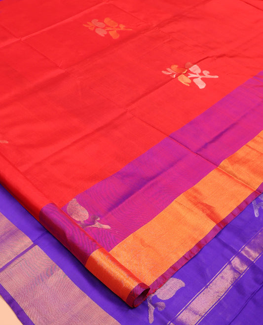 Red Uppada Silk Saree, Bedecked with Floral Zari Buttas, Complemented by Contrast Bavanji Border, Grand Pallu of Floral Buttas and a Contrast Blouse