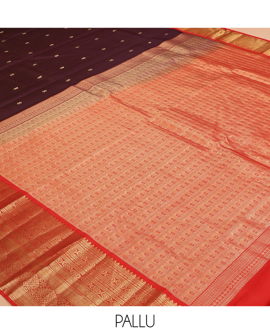 Brown Zari Buttas Vasundhara Lite Silk Mix Saree, a Contrast Rekku-Kodi Visiry-Mayil Kann Border, a Contrast Border