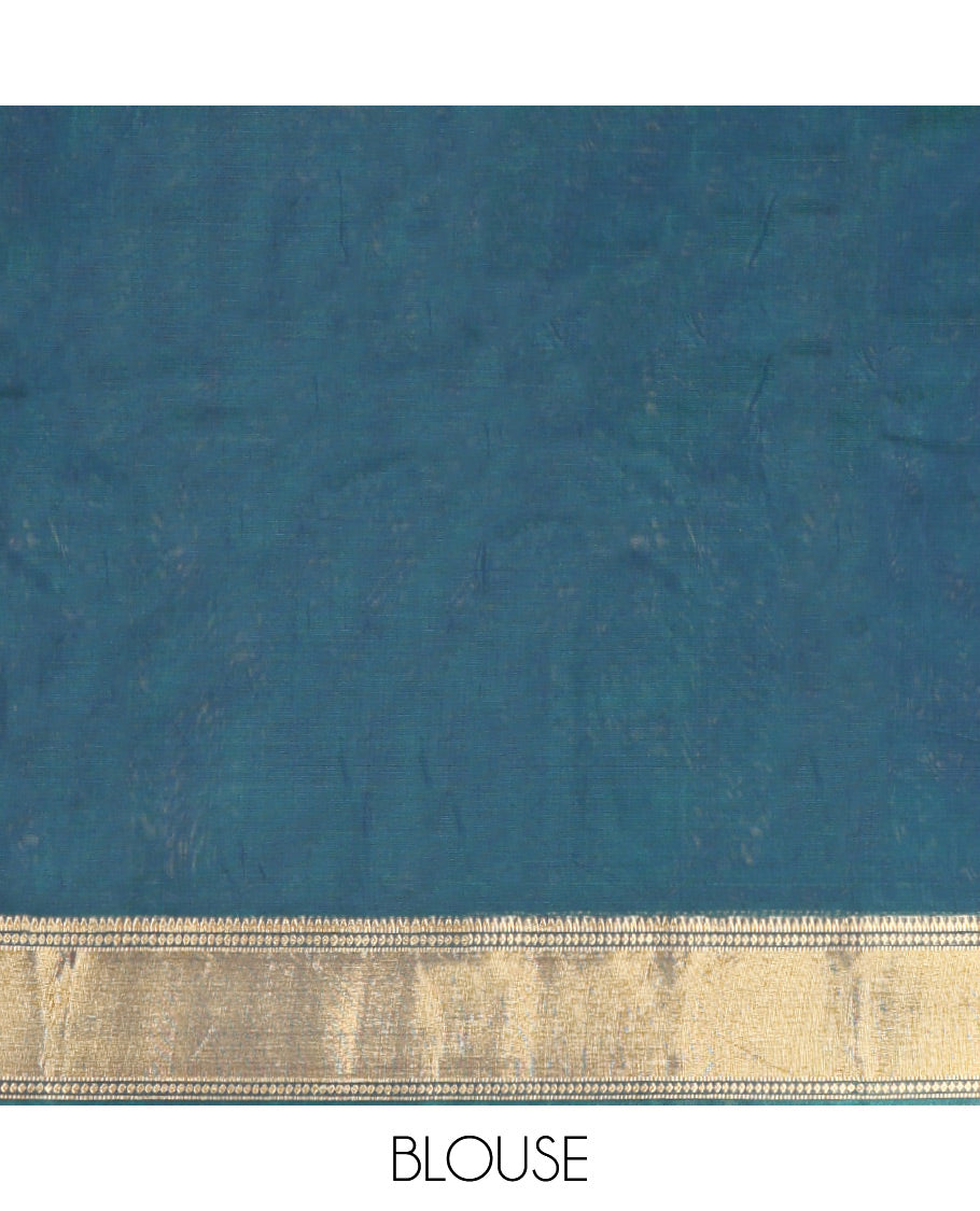 Blue Silk Cotton Saree, Highlighted by Zari Buttas On Its Body, Highlighted by Traditional Zari Border, Contrast Diagonally Woven Pallu and Paired with a Contrast Blouse