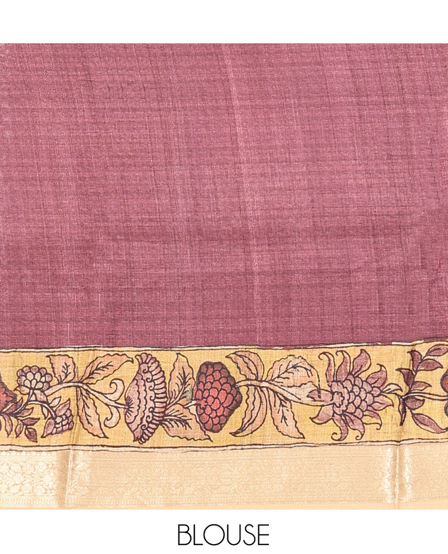 Brown Kalamkari Saree, Embellished with Floral Print, Complemented by Contrast Zari Border, Pallu of Human Figurines Print, and a Contrast Blouse