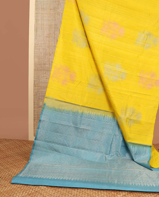 Yellow striped, floral design kancheepuram silk sareee with checked floral design pallu
