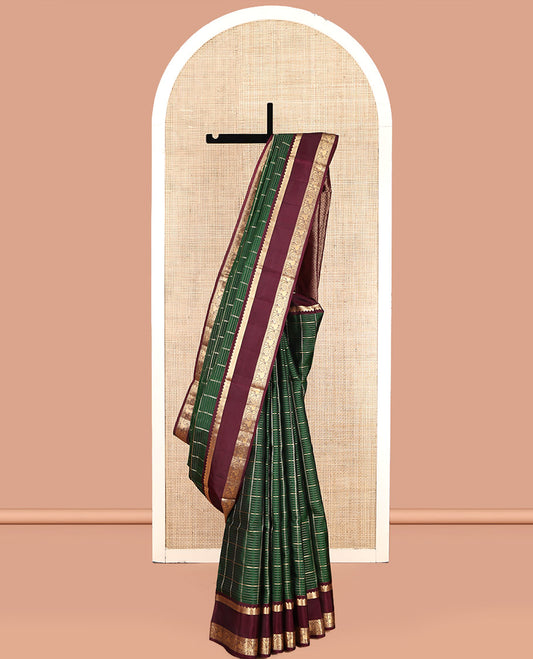 Green Mayuri Lite Silk Mix Saree, Spotlighted with Zari Checks, a Contrast Rettai Pettu Border of Rekku, Rudraksha, and Mayil, Geometric Pallu, and a Contrast Blouse