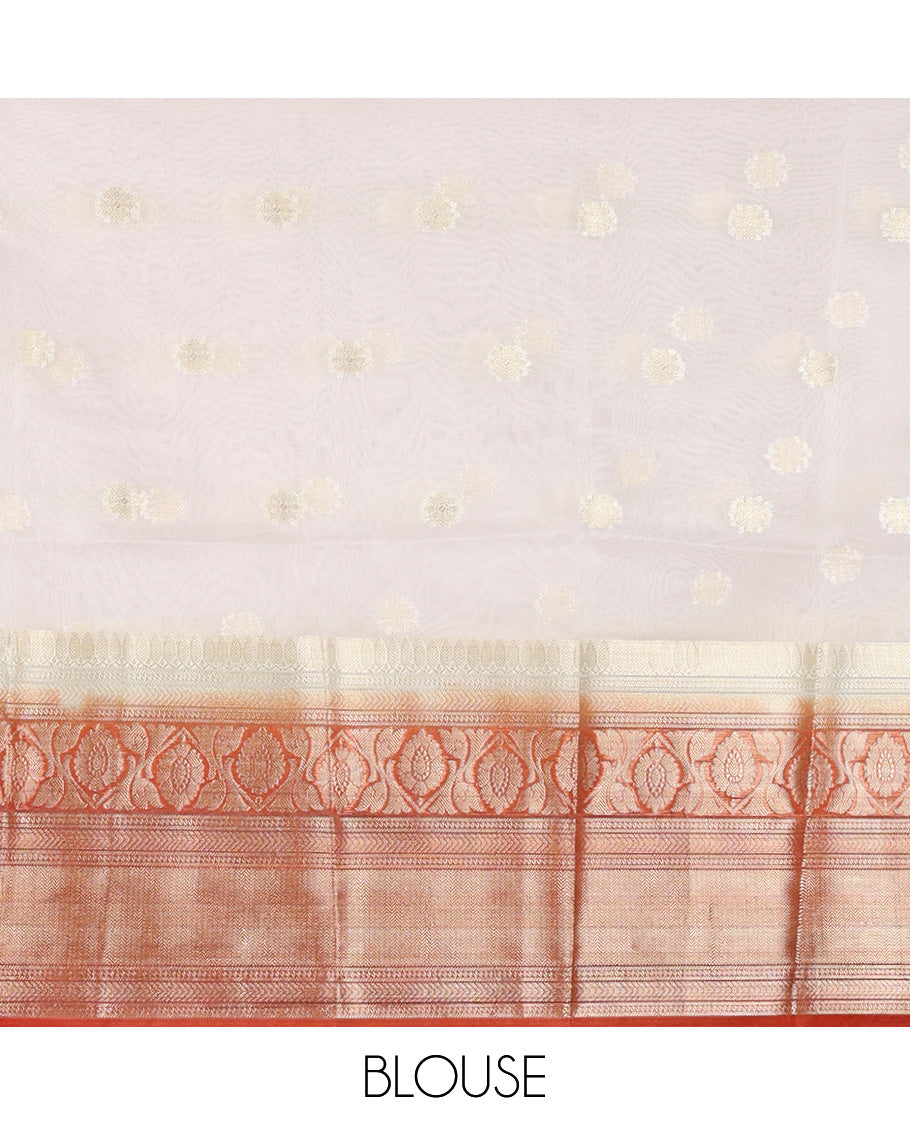 Cream-Rust Organza Half-Saree Features Zari Buttas Skirt, Contrast Traditional Border, Matching Blouse, Contrast Dhavani