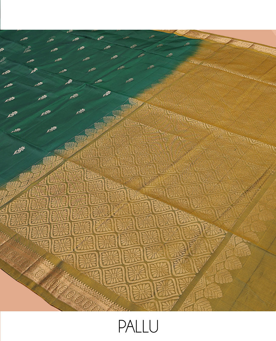 Green Uppada Silk Saree, Highlighted with Zari Buttas, a Contrast Traditional Zari Border, Contrast Intricate Pallu, and a Contrast Blouse