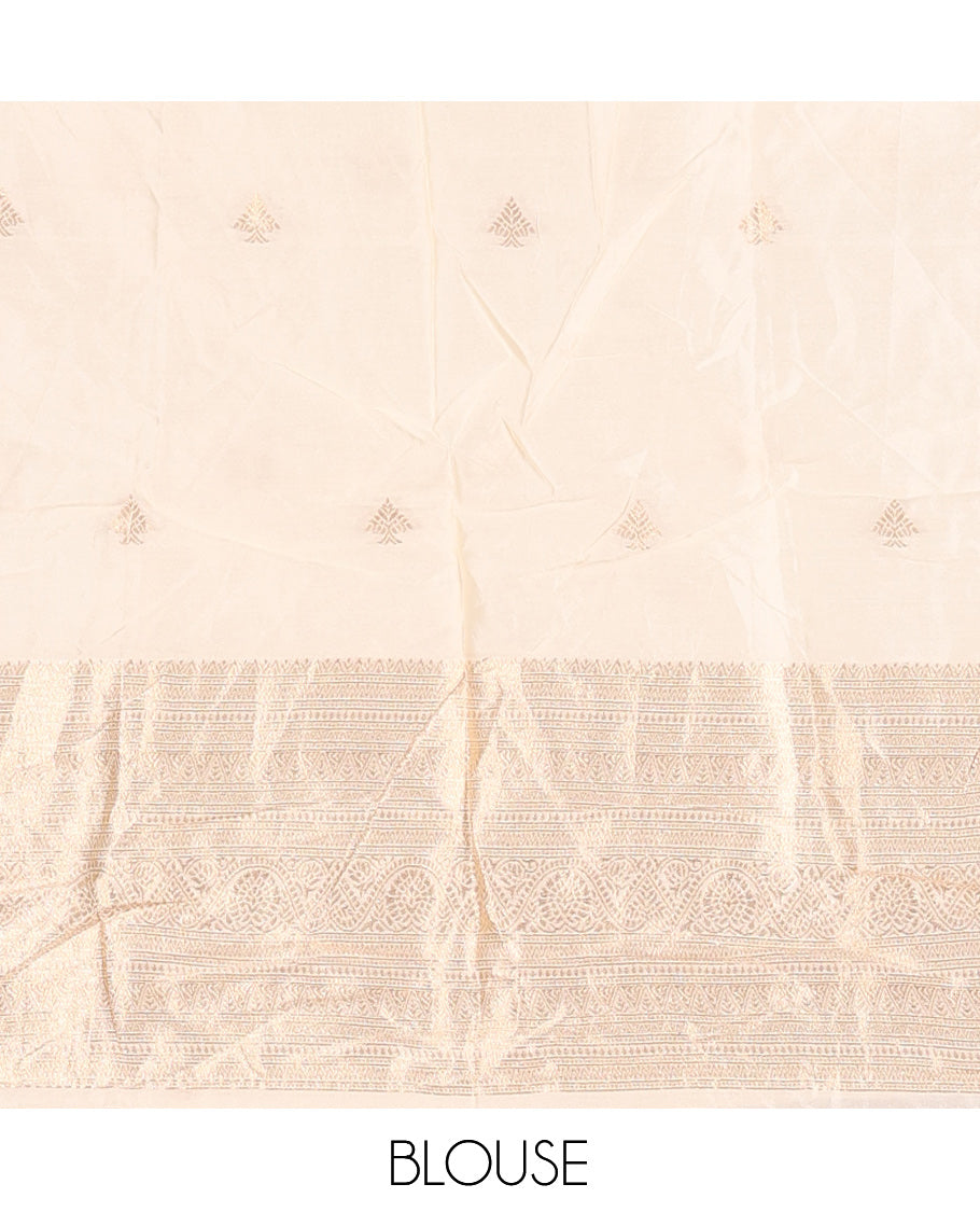 Cream Semi-Banarasi Half Saree, Zari Buttas Top, a Matching Blouse, and Intricately Designed Dhavani