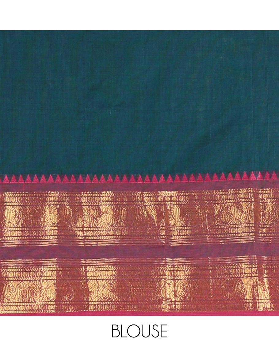 Peacock-magenta sungudi cotton half-saree, plain with contrast traditional zari peacock motif bordered skirt, matching blouse, and a zari bordered dhavani