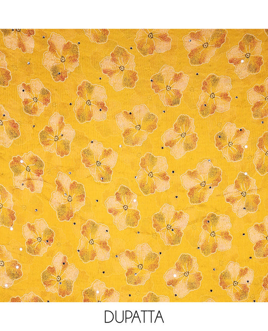 Yellow Material Churidar Set, Subtly Designed with Plain Vichitra Silk Top, Comes with a Plain Santoon Bottom, and Is Paired with a Crushed Chiffon Dupatta of Floral Print and Mirror Work