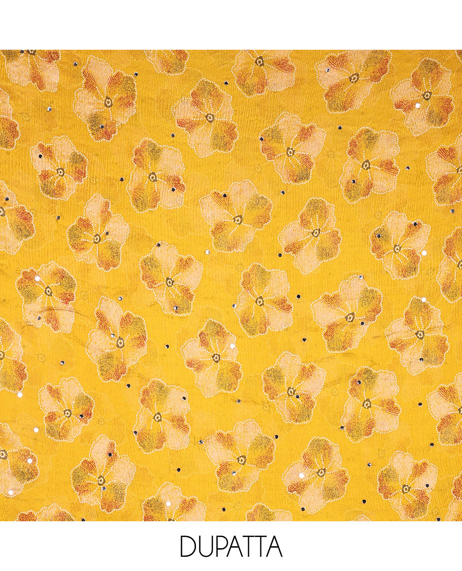 Yellow Material Churidar Set, Subtly Designed with Plain Vichitra Silk Top, Comes with a Plain Santoon Bottom, and Is Paired with a Crushed Chiffon Dupatta of Floral Print and Mirror Work