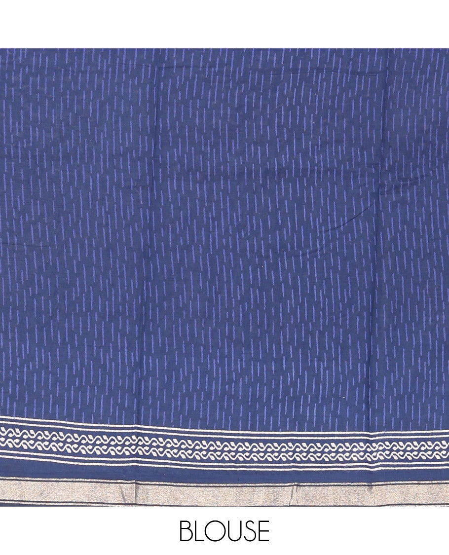Blue Mul Mul Cotton Saree, Bedecked with Paisley Buttas, a Piping Border, Geometric-Printed Pallu, and a Matching Blouse