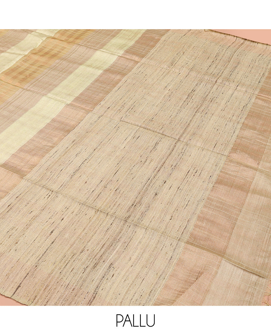 Borderless Yellow Tussar Silk Saree, Enthralled with Checked Design on Its Body, a Self-Heathered Pallu, and Paired with a Matching Blouse