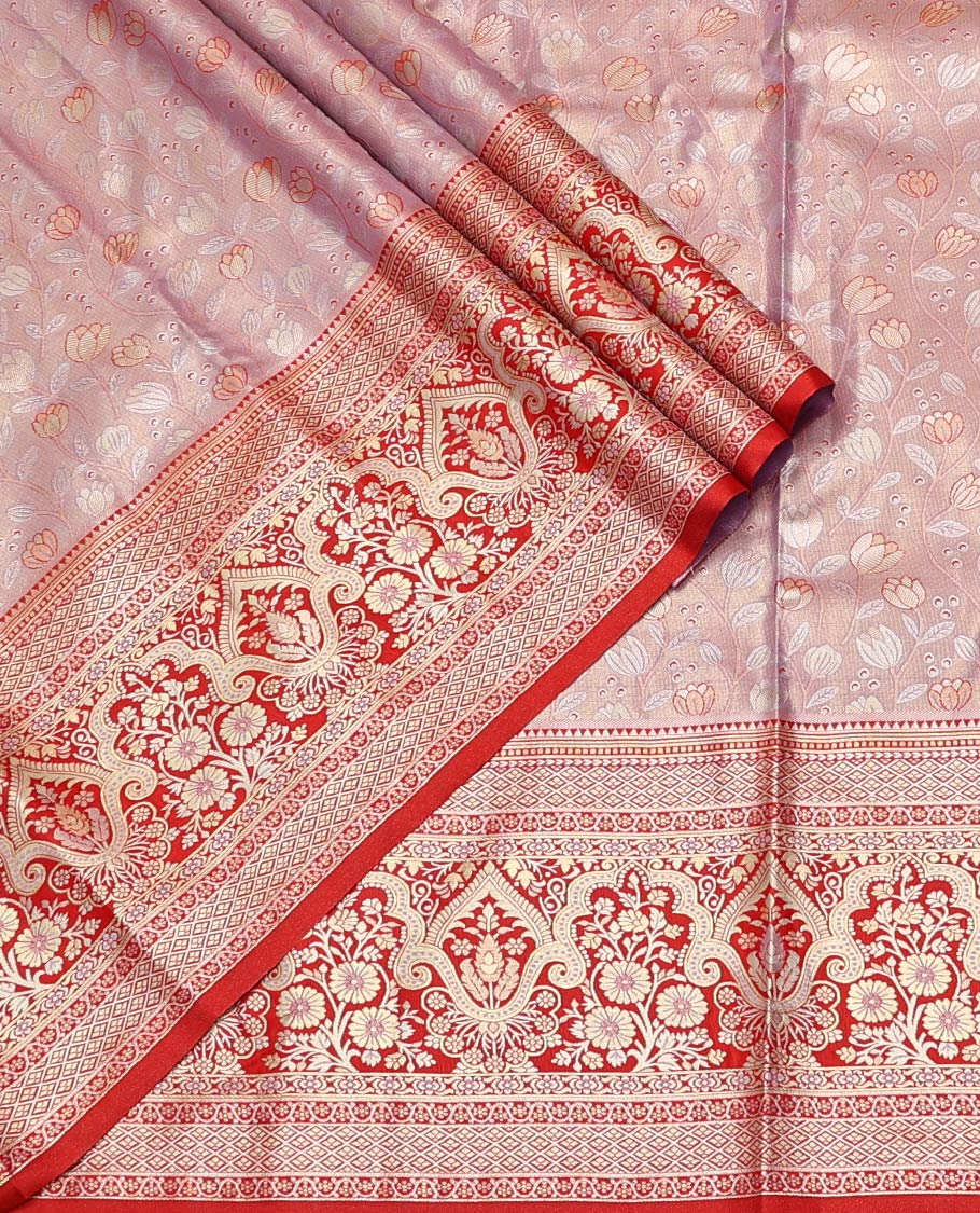 Pale Pink Art Silk Material Half Saree Set, Woven with Floral Jacquard Skirt, a Contrast Jacquard Border, Contrast Blouse, and an Intricate Dhavani
