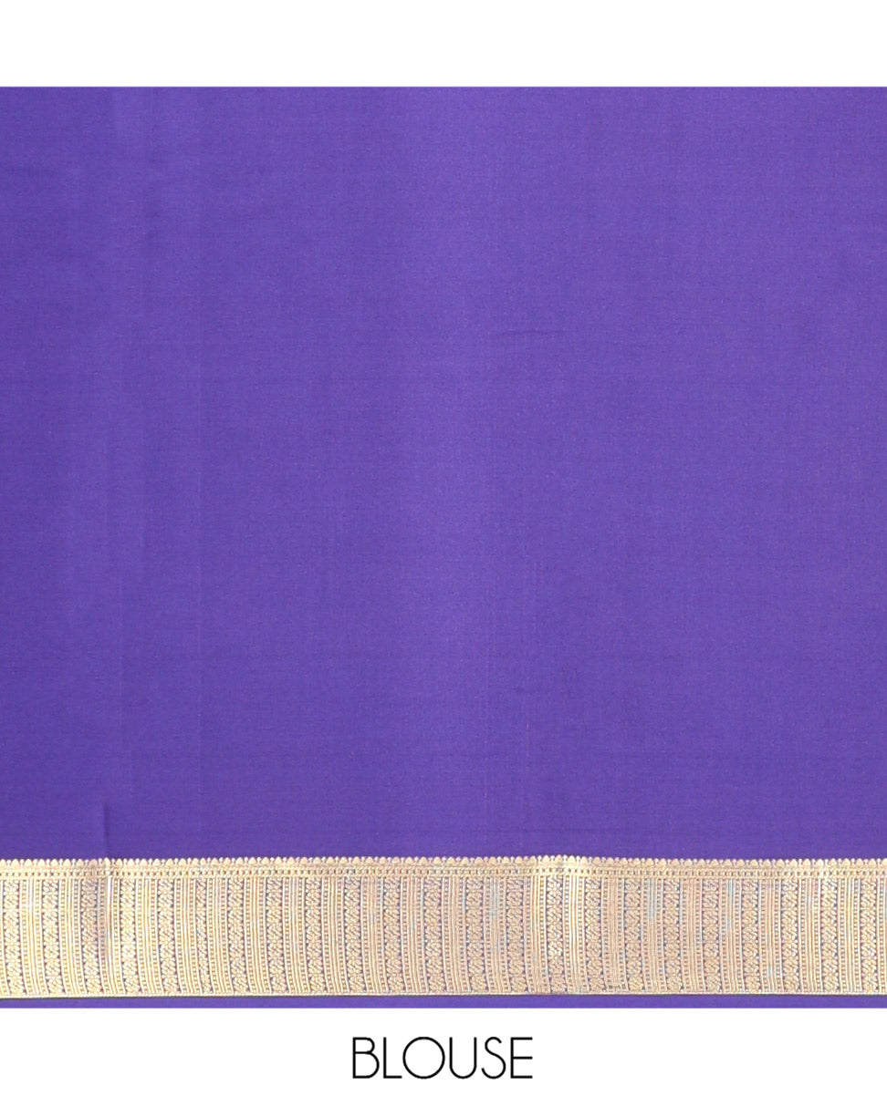 Peach Plain Mysore Silk Saree, a Contrast Traditional Zari Border, Zari Striped Pallu, and a Contrast Blouse